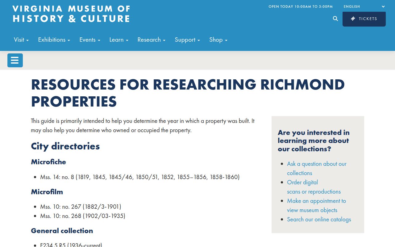 Richmond city directory holdings in the Virginia Museum of History and Culture property guide