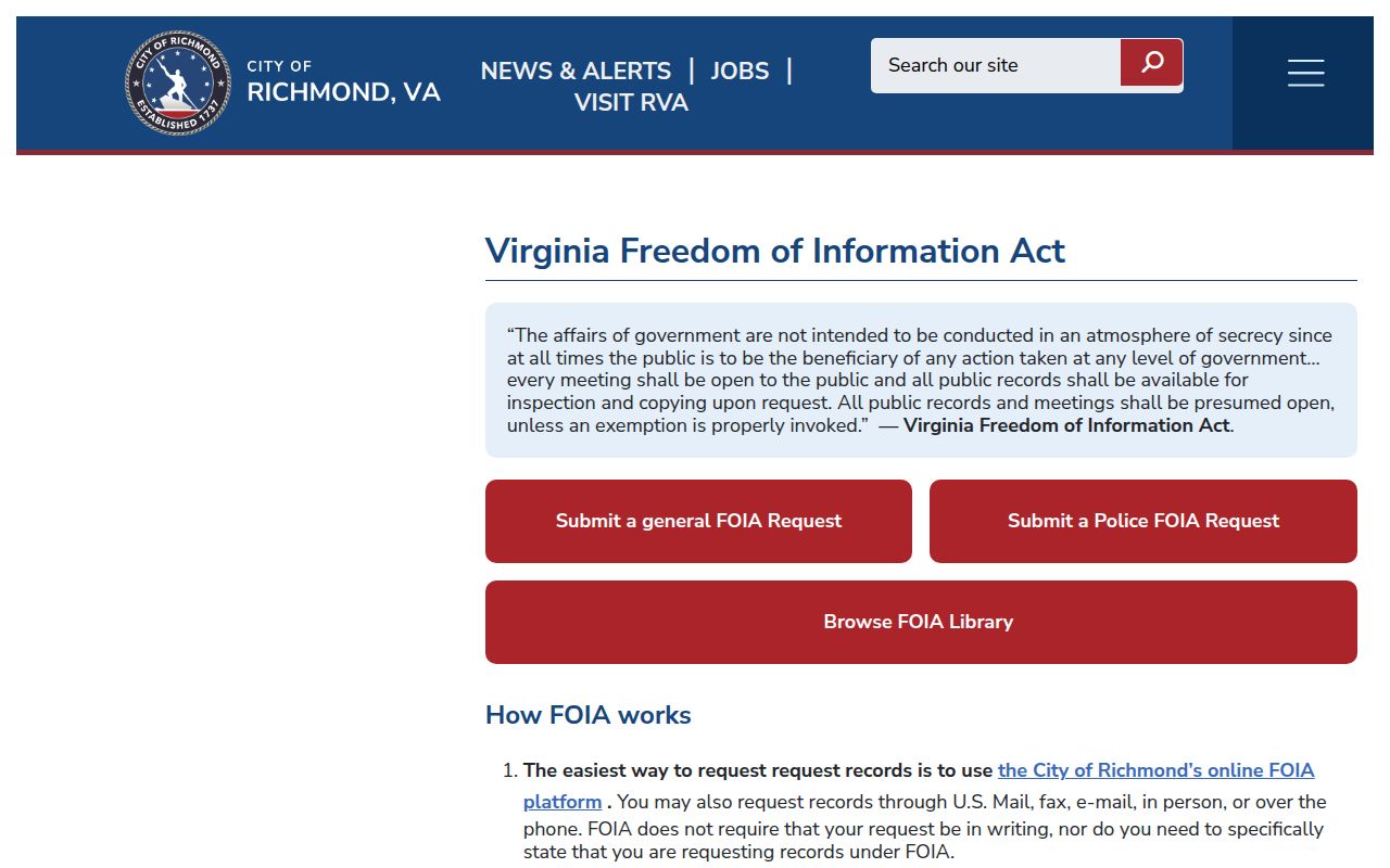 Richmond residents directory City FOIA request routes