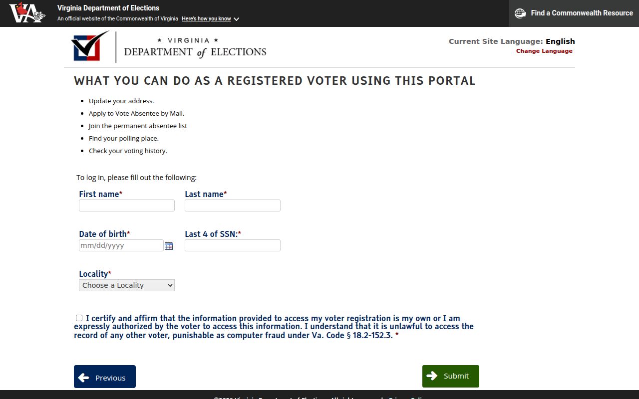 Richmond residents directory Virginia voter-status lookup form