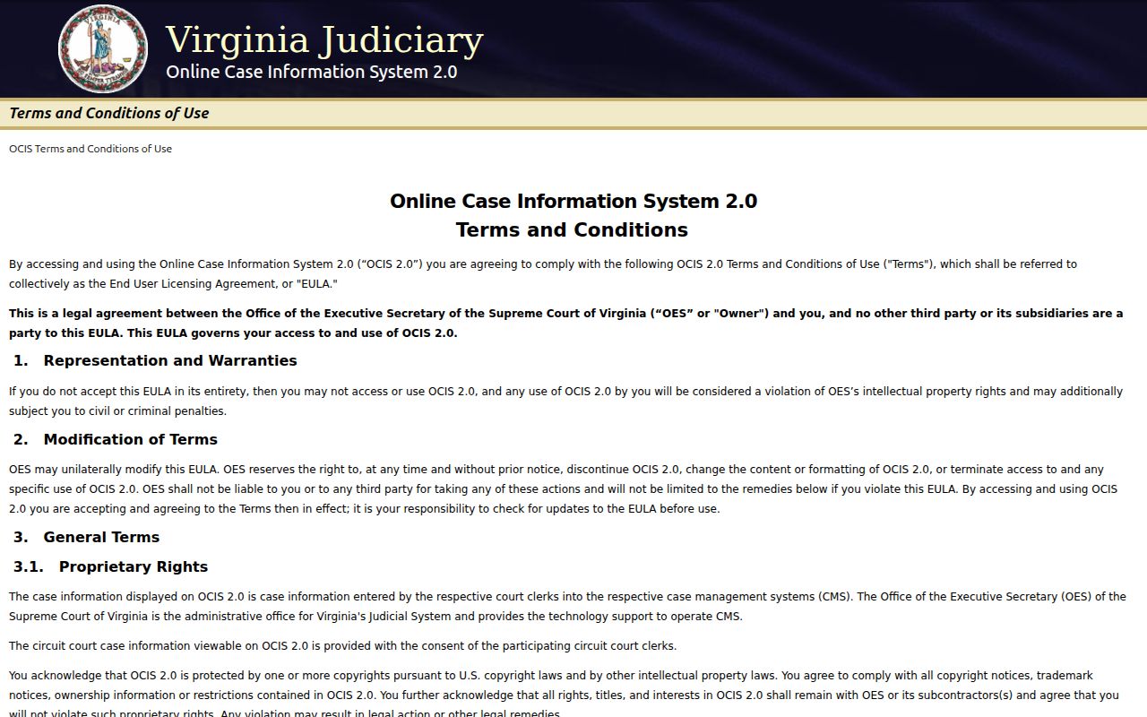 Richmond residents directory Virginia OCIS acknowledgement screen