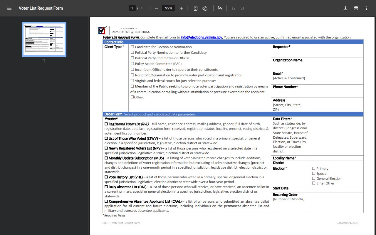 Richmond residents directory Virginia authorized voter-list request form