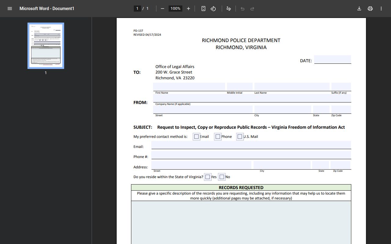 Richmond residents directory police FOIA request form