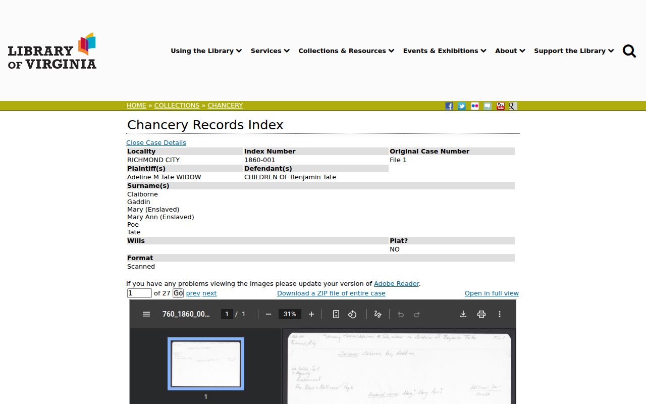 Richmond previous residents sample Chancery cause detail and scanned file metadata