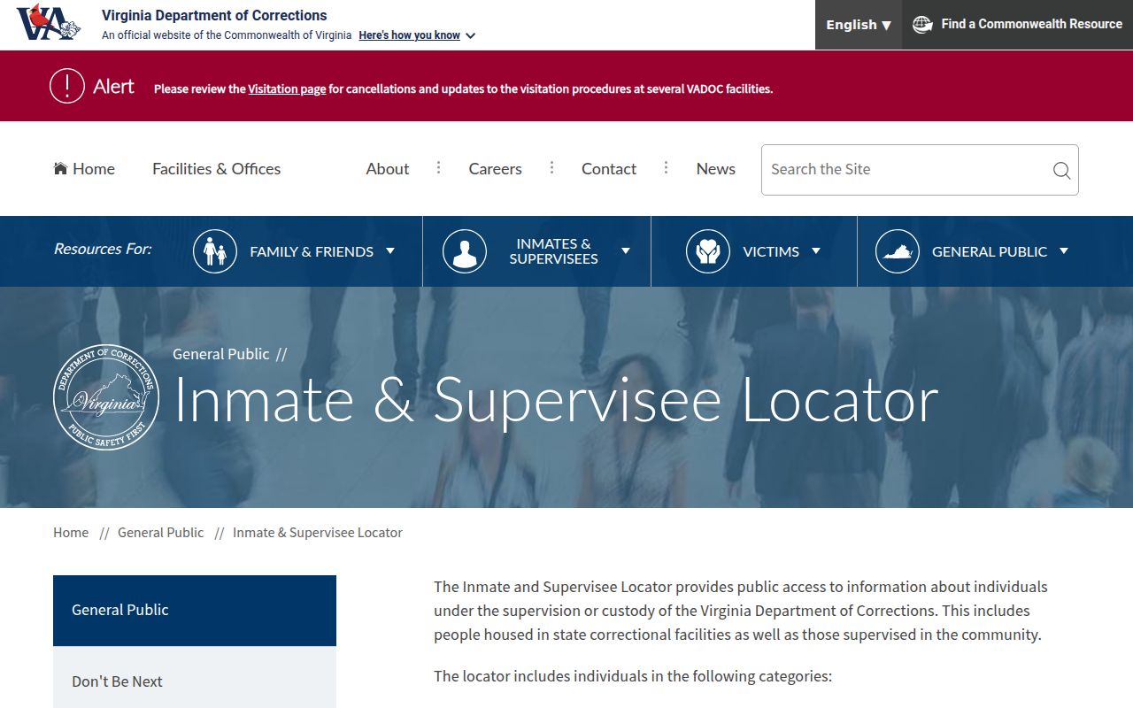 Richmond resident lookup VADOC locator disclaimer and search form