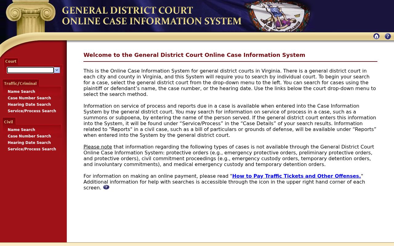 Richmond resident lookup Virginia General District Court selection screen