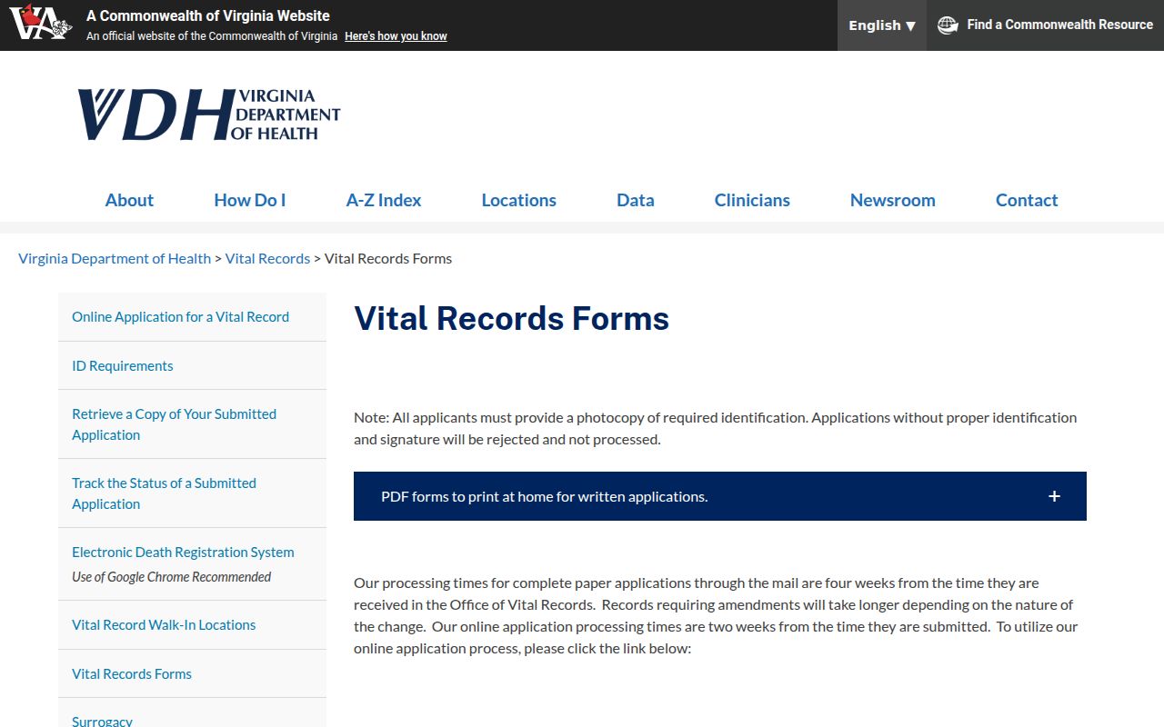 Richmond resident lookup Virginia vital-record forms page