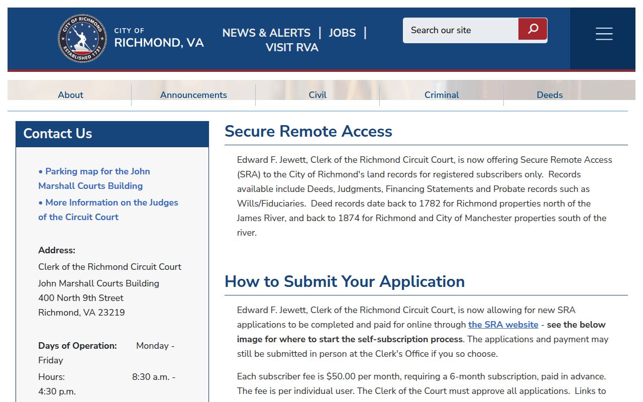 Richmond street directory Circuit Clerk secure remote land-record access